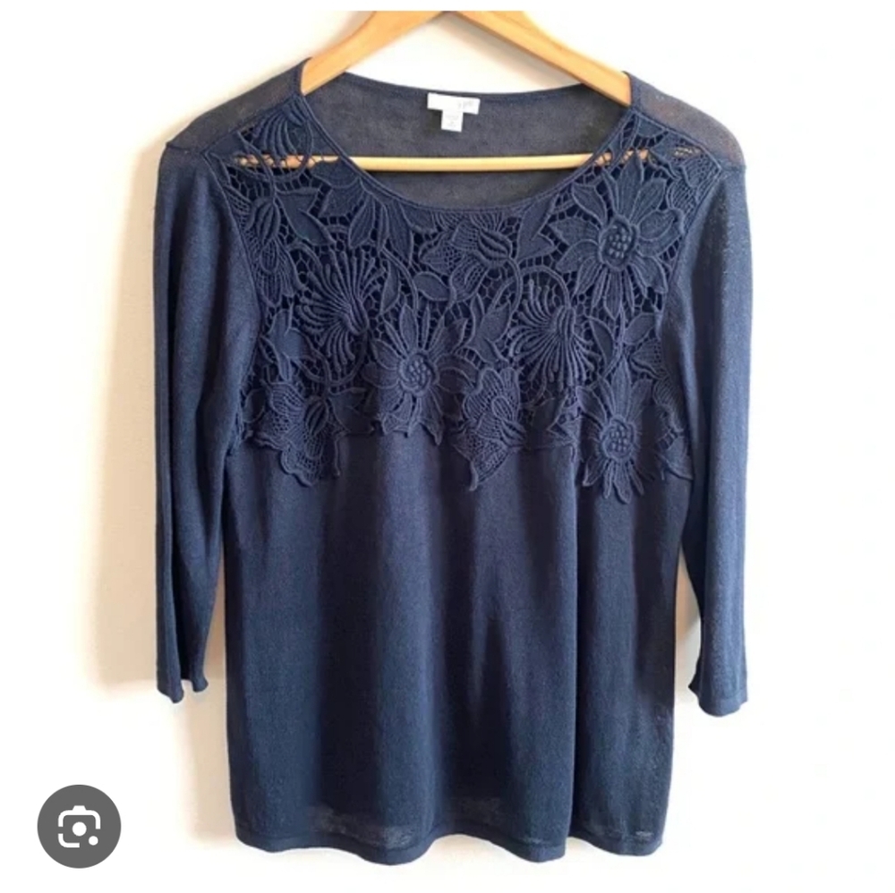 J JIll S Navy Crochet Embroidered Neckline Light Weight Sweater EUC